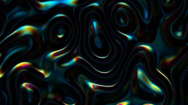 3D Abstract iridescent wavy background. Vibrant liquid reflection surface. Neon holographic fluid distortion