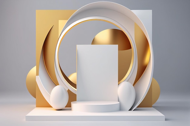 3d abstract podium minimal geometric white and gold background generative ai