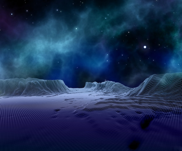 3D abstract wireframe landscape against space sky