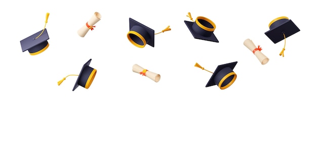 Free Photo 3d academic caps and diploma scrolls flying