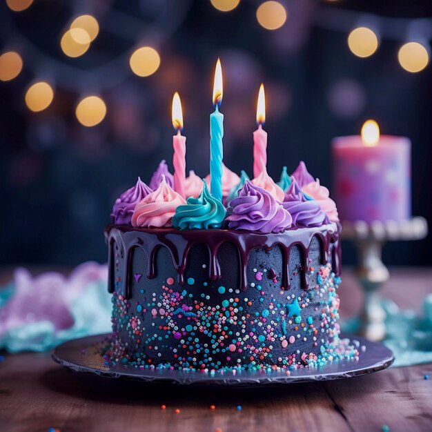 3d birthday cake with lit candles on top