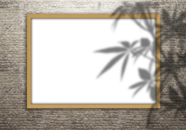 Free photo 3d blank picture frame on a brick wall with leaves shadow overlay