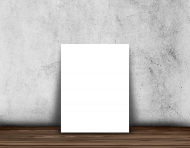 3D blank poster or photo frame on a wood floor against a concrete wall