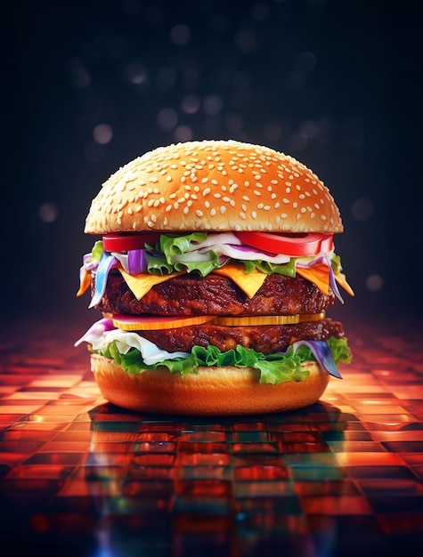 3d burger with bright lights