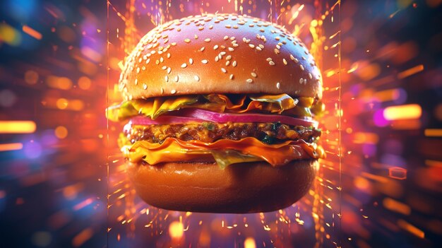 3d burger with bright lights