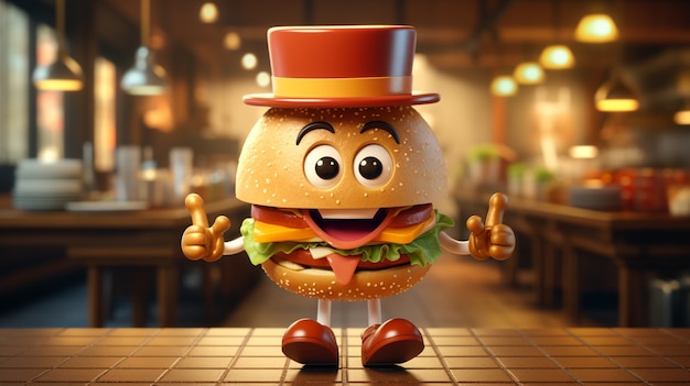 3d burger with cartoon character features