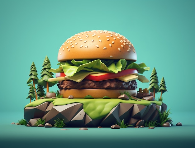 Free Photo 3d burger with nature elements