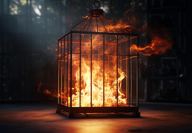 Free Photo 3d cage on fire with flames