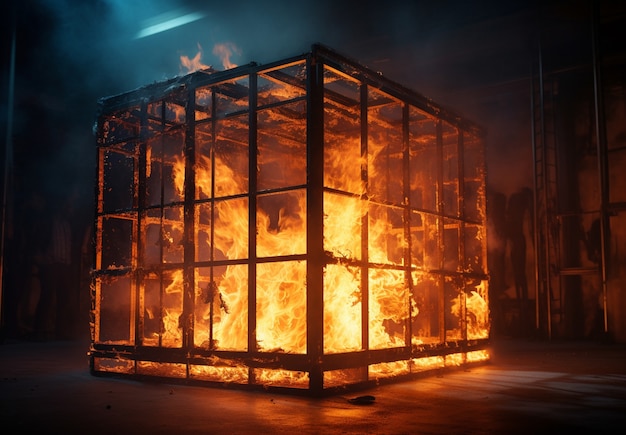 Free photo 3d cage on fire with flames