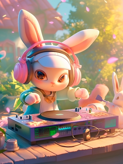 Free Photo 3d cartoon character djing at party