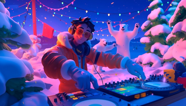 Free Photo 3d cartoon character djing at party