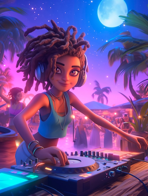 Free photo 3d cartoon character djing at party