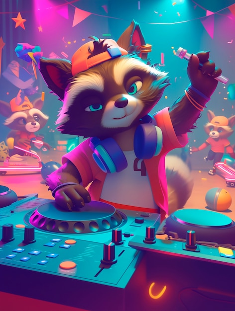 Free Photo 3d cartoon character djing at party