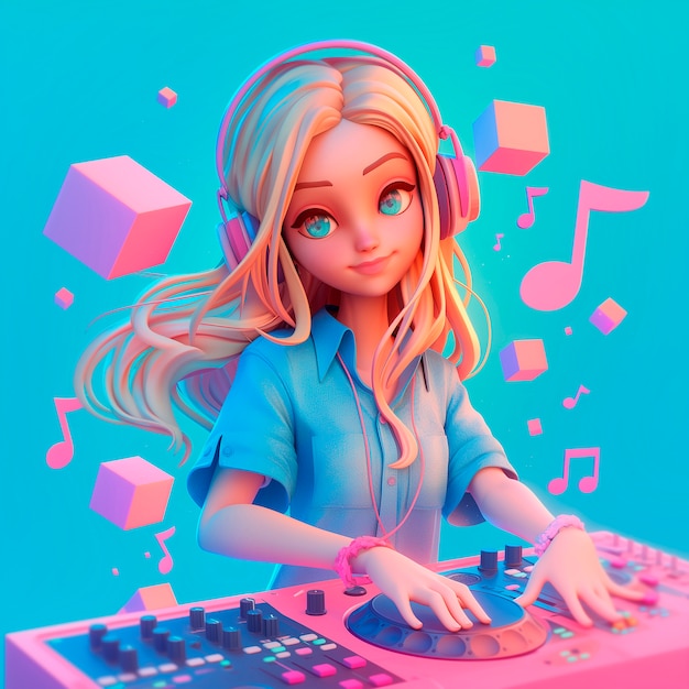 3d cartoon character djing at party