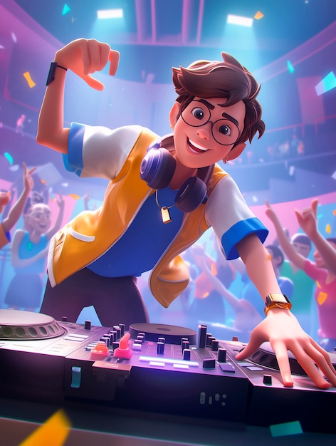 3d cartoon character djing at party