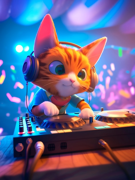 Free Photo 3d cartoon character djing at party