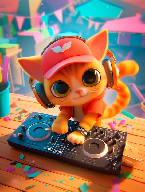 3d cartoon character djing at party