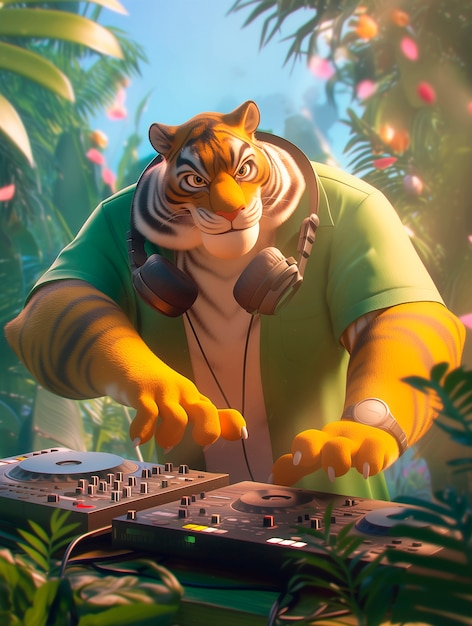 3d cartoon character djing at party