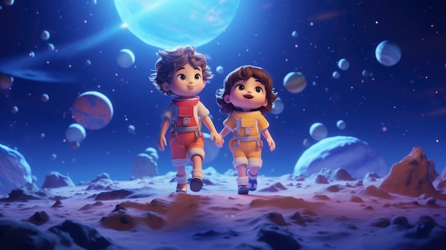 3d cartoon kids exploring the moon in space