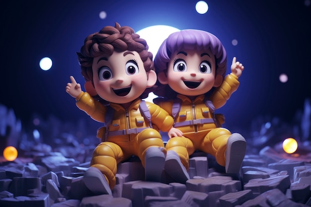 3d cartoon kids exploring the moon in space