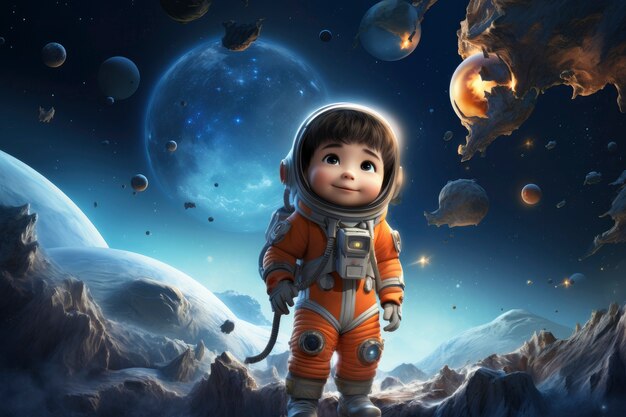 3d cartoon kids exploring the moon in space