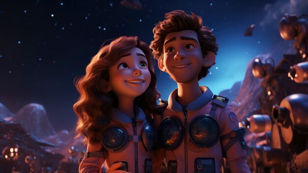 3d cartoon kids exploring the moon in space