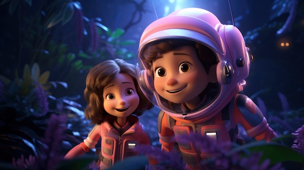 3d cartoon kids exploring the moon in space