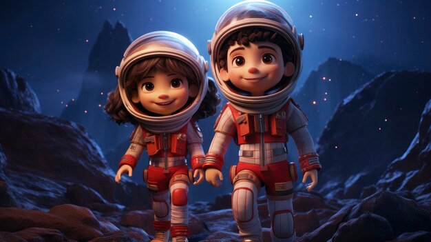 3d cartoon kids exploring the moon in space