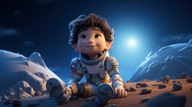 3d cartoon kids exploring the moon in space