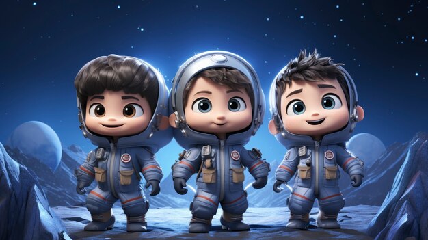 3d cartoon kids exploring the moon in space