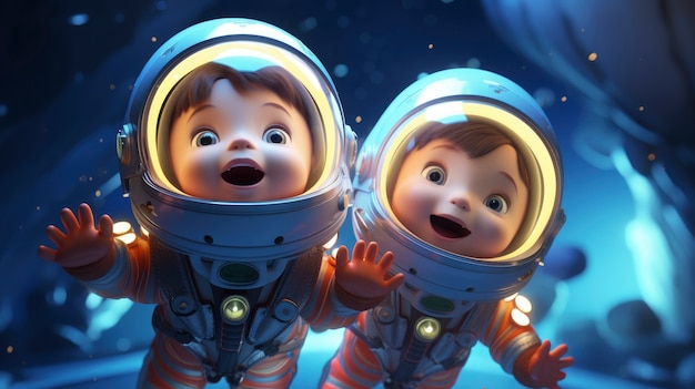 Free photo 3d cartoon kids exploring the moon in space