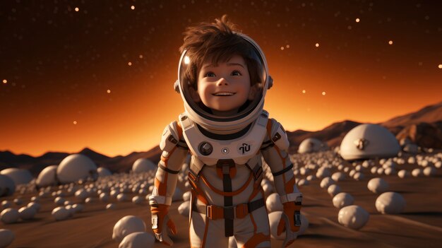 3d cartoon kids exploring the moon in space