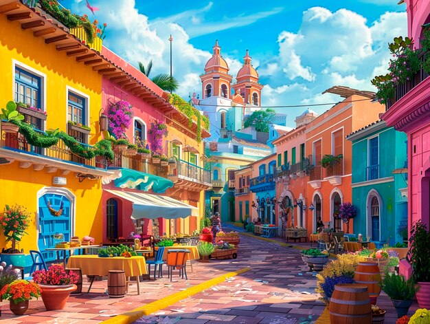 3d cartoon latin american village scenery