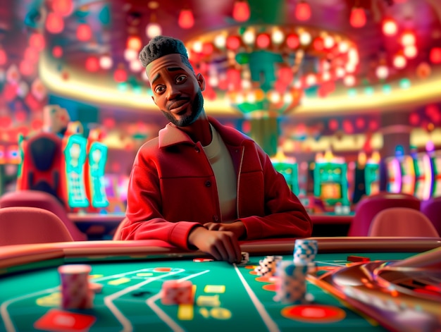 3d cartoon rendering of person playing in a casino