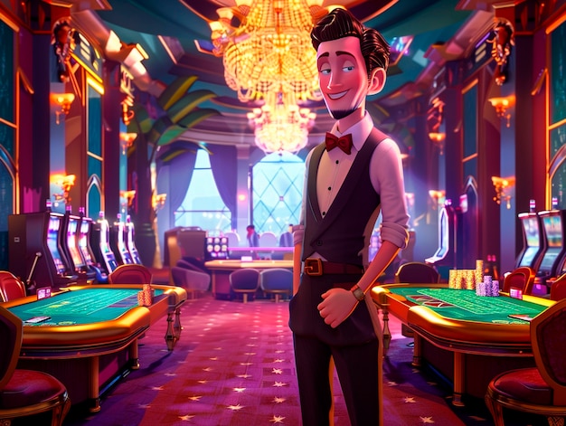 Free photo 3d cartoon rendering of person playing in a casino