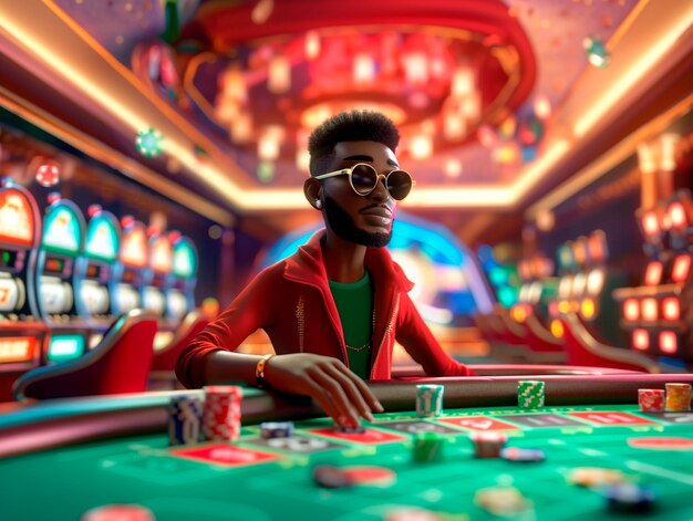 3d cartoon rendering of person playing in a casino