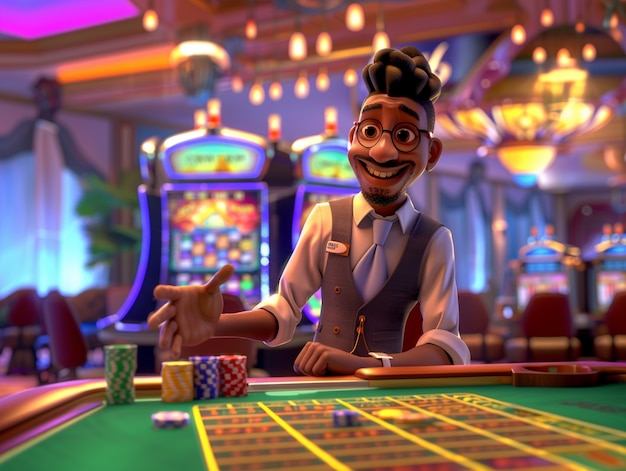 Free photo 3d cartoon rendering of person playing in a casino