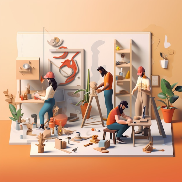 3d cartoon scene depicting a variety of people multitasking