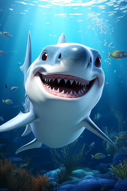 3d cartoon shark underwater