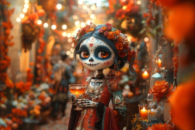 Free photo 3d cartoon style illustration for dia de muertos celebration