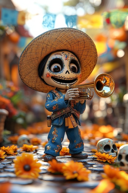 3d cartoon style illustration for dia de muertos celebration