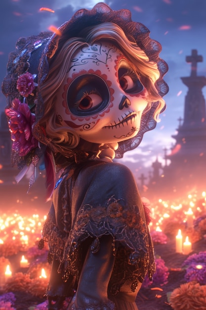 Free photo 3d cartoon style illustration for dia de muertos celebration