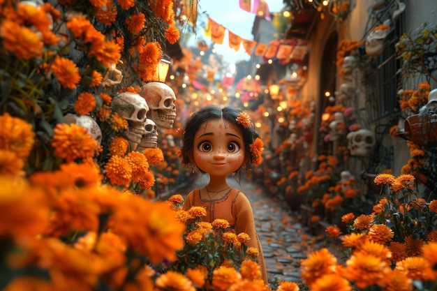 Free photo 3d cartoon style illustration for dia de muertos celebration