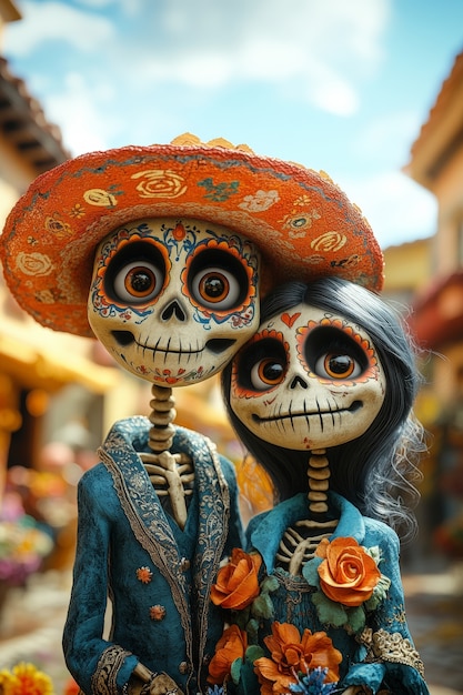 3d cartoon style illustration for dia de muertos celebration