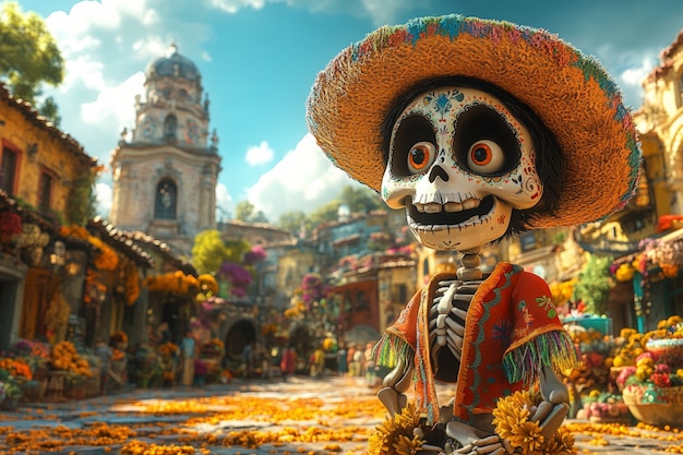 Free photo 3d cartoon style illustration for dia de muertos celebration