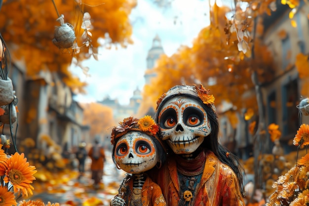 3d cartoon style illustration for dia de muertos celebration