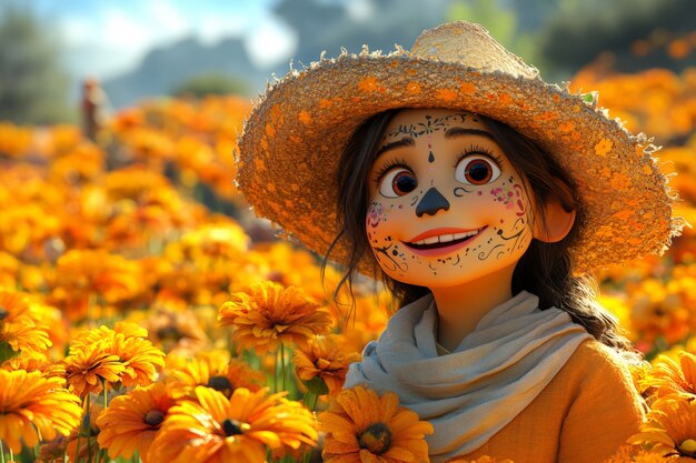 3d cartoon style illustration for dia de muertos celebration