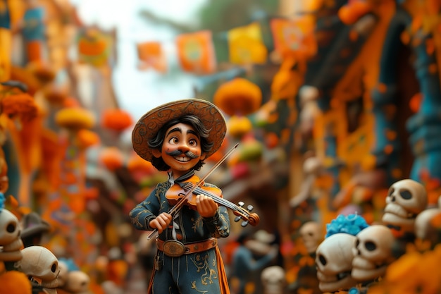 3d cartoon style illustration for dia de muertos celebration