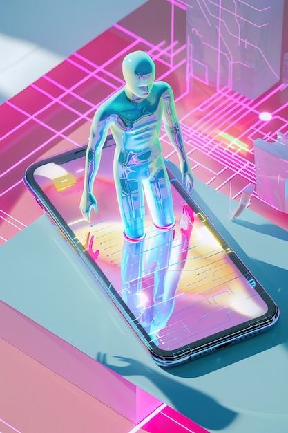 Free photo 3d character emerging from a smartphone