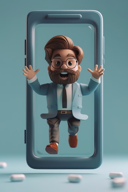 Free photo 3d character emerging from a smartphone